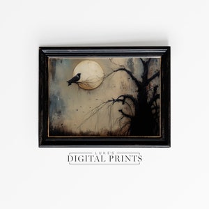 Night Landscape PRINTABLE Wall Art - Digital Print Download - Gothic Raven And Big Moon Decor - Halloween Dark Forest Oil Painting