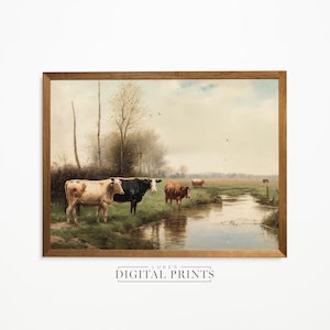 Cow Oil Painting Print - Digital Download - Vintage Farmhouse Cattle Landscape Décor - PRINTABLE Wall Art