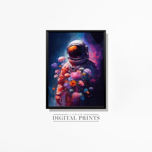 Astronaut And Flowers Poster - Digital Print Download - Colourful Spaceman And Flowers Painting - PRINTABLE Wall Art - Sci-fi Space Decor