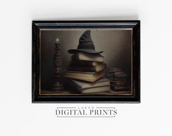 Halloween AFDRUKBARE Witchy Decor - Digitale Print Download - Spooky Boeken en Heksenhoed Artwork - Gotische Stilleven Olieverfschilderij Muurkunst