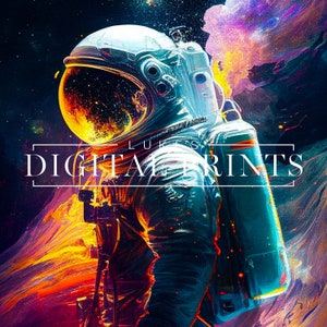 May include: A digital art print featuring a colorful astronaut in a space-themed setting. The astronaut is wearing a white helmet with a blue visor and a black and blue spacesuit. The background is a vibrant mix of orange, yellow, purple, and blue colors, creating a dynamic and abstract design. The text "DIGITAL PRINTS" is displayed in white letters on a black rectangle.