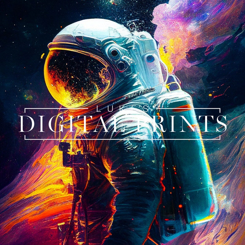 May include: A digital art print featuring a colorful astronaut in a space-themed setting. The astronaut is wearing a white helmet with a blue visor and a black and blue spacesuit. The background is a vibrant mix of orange, yellow, purple, and blue colors, creating a dynamic and abstract design. The text "DIGITAL PRINTS" is displayed in white letters on a black rectangle.