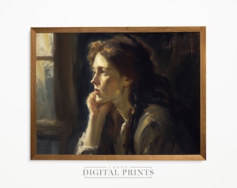 Vintage Moody Portrait Oil Painting - Digital Print Download - Antique Moody Woman Wall Art - PRINTABLE Decor