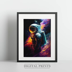 May include: A digital art print of an astronaut in a white spacesuit standing in a colorful nebula. The astronaut is facing away from the viewer and has a large oxygen tank on their back. The nebula is a mix of orange, yellow, purple, and blue colors.