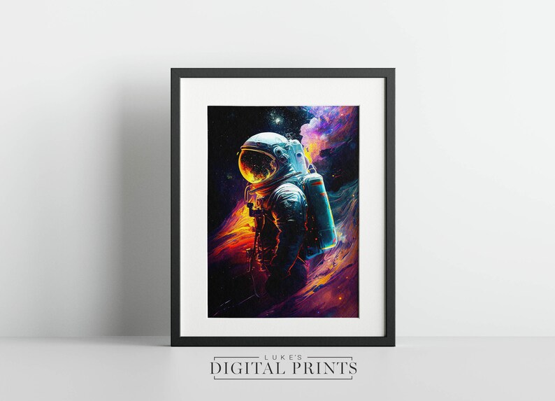 May include: A digital art print of an astronaut in a white spacesuit standing in a colorful nebula. The astronaut is facing away from the viewer and has a large oxygen tank on their back. The nebula is a mix of orange, yellow, purple, and blue colors.