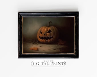 Arte de pared de calabaza IMPRIMIBLE - Descarga de impresión digital - Pintura al óleo de otoño espeluznante - Obra de arte de Jack O Lantern - Cartel rústico de otoño de Halloween
