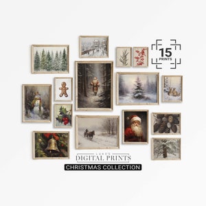 Christmas Print Collection PRINTABLE Festive Wall Art - Digital Download Gallery - Vintage Winter Bundle -  Snowy Xmas Painting Set Of 15