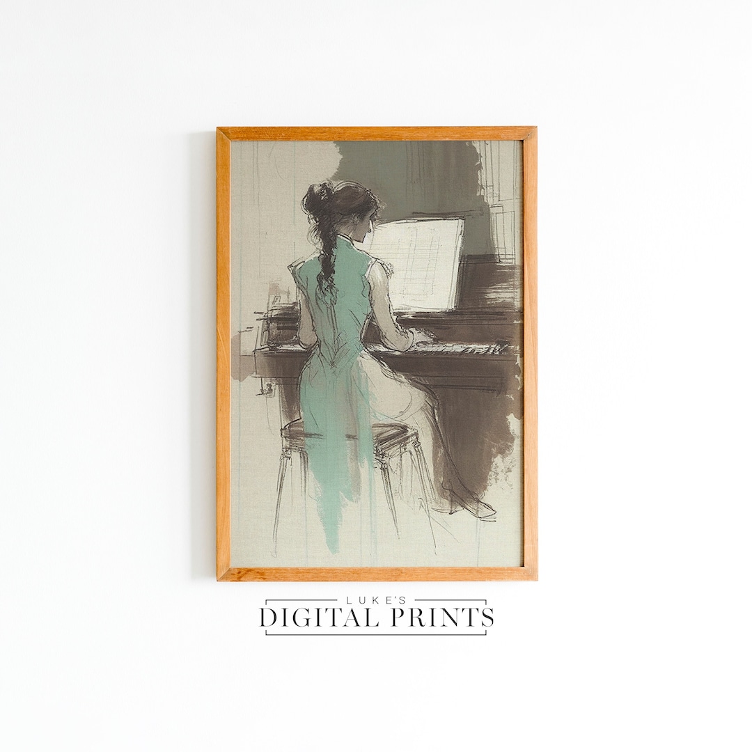 Vintage Drawing Woman Playing Piano - Digital Print Download ...