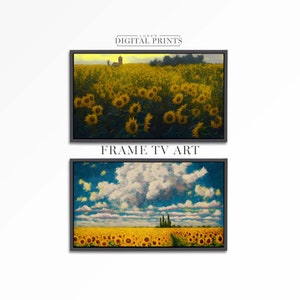 Samsung FRAME TV Art Download Set Of 2 - Sunflower Landscape Oil Paintings For Frame TV - Wildflower Field Digital Frame Art Download Bundle