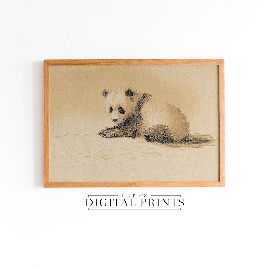PRINTABLE Panda Bear Sketch Digital Print Download Minimalist Sad Panda Wildlife Art Vintage