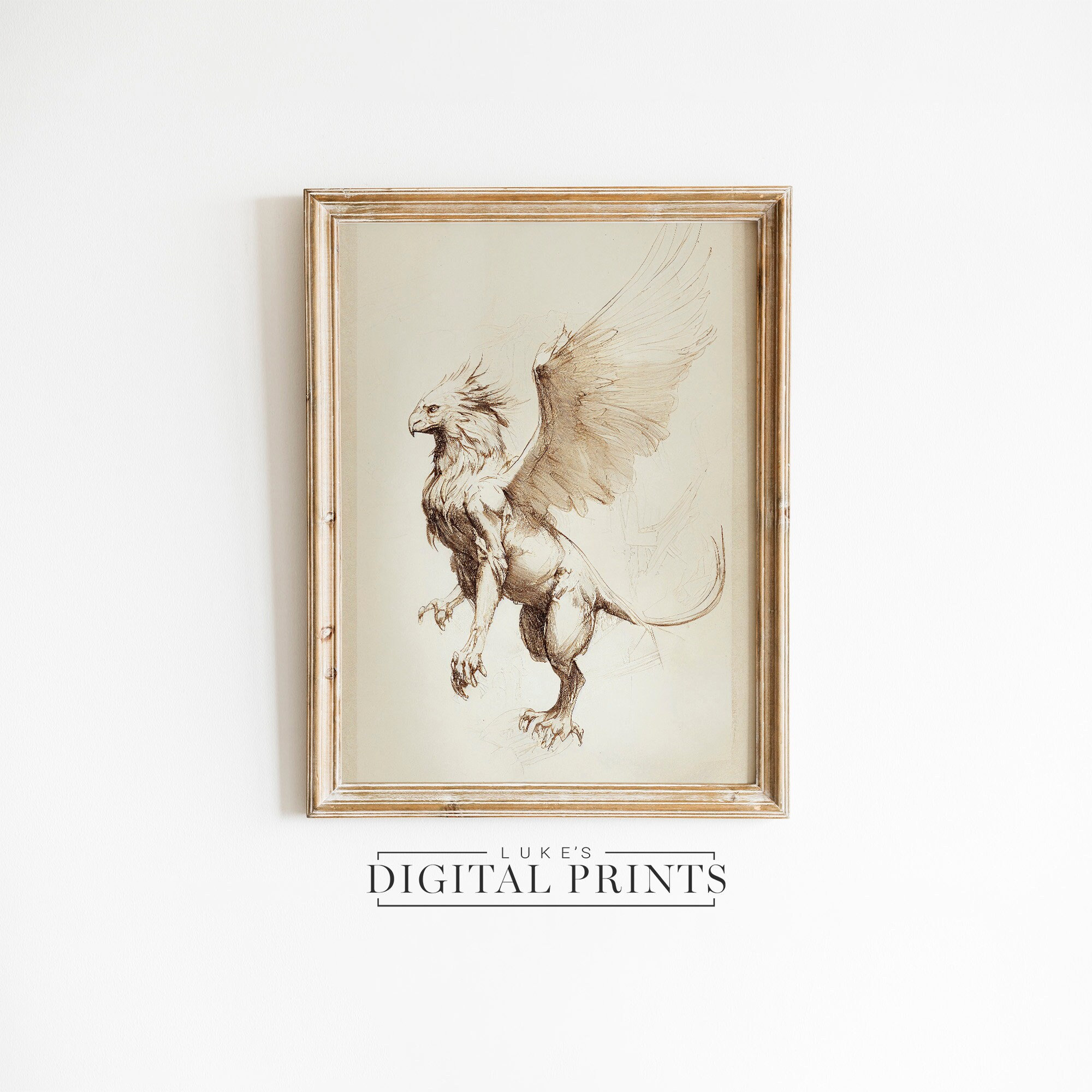 Vintage Griffin Mythology Sketch Print - Digital Download - Ancient Greek Pencil Drawing Wall Decor PRINTABLE - Greek Flying Creature Art