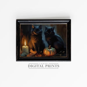 Halloween Black Cat PRINTABLE Wall Art - Digital Print Download - Haunted House Decor - Vintage Spooky Portrait - Pumpkin Oil Painting