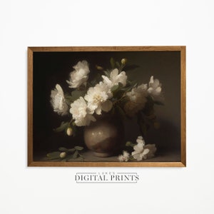 Pintura al óleo de bodegones blancos florales - Descarga de impresión digital - Ramo de flores vintage oscuro - Decoración de pared vintage IMPRIMIBLE