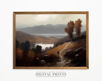 Fall Landscape Rustic Painting - Digital Print Download - Autumn Mountain Landscape Home Decor - PRINTABLE Lake Wall Art