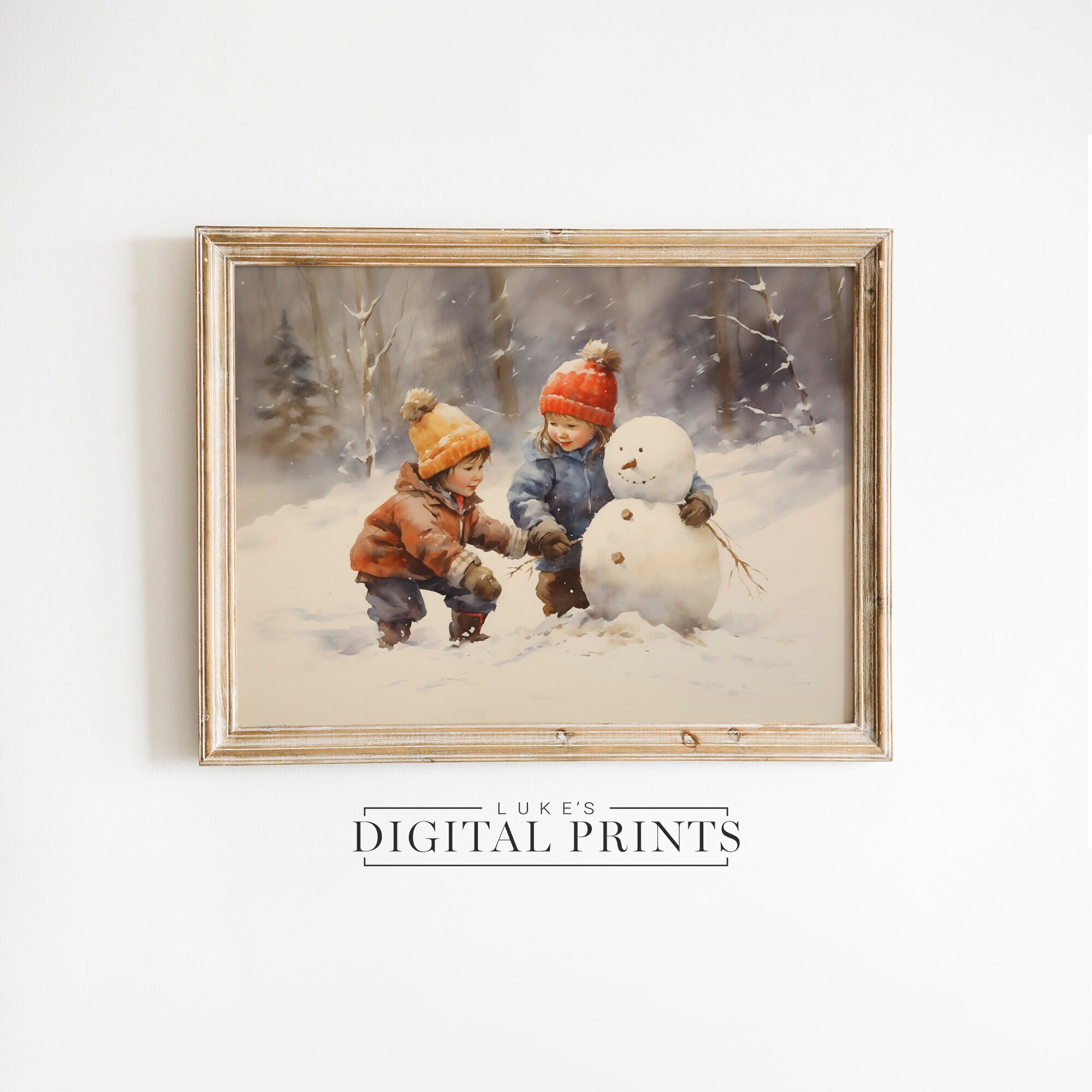 Kinder mit Schneemann druckbare Weihnachtsdekor - Digitaldruck Download - Vintage niedliche Winter Wandkunst - Festliche Urlaub Aquarell