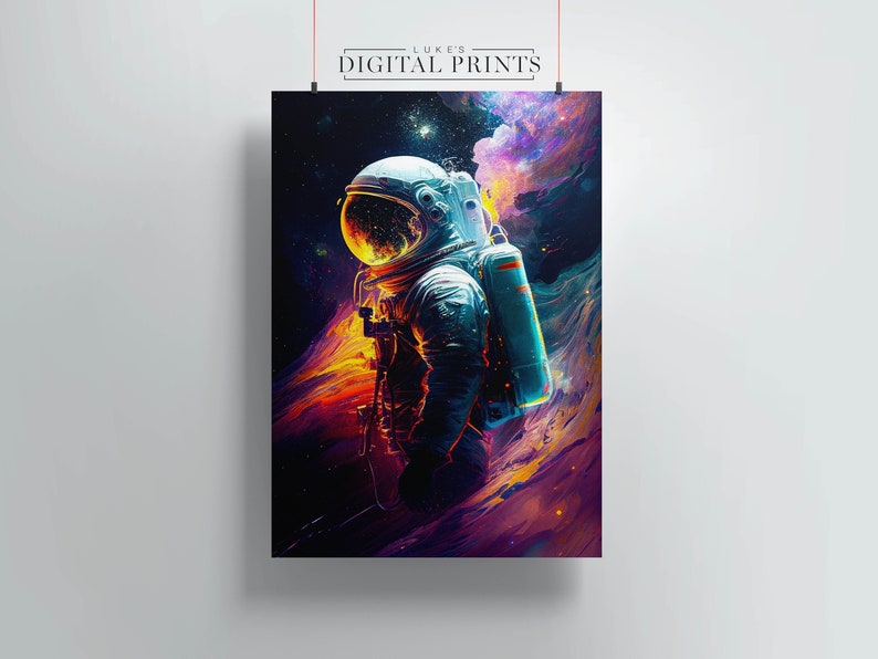 May include: A digital print featuring an astronaut in a blue spacesuit standing in a colorful nebula. The astronaut's helmet is reflecting the vibrant colors of the nebula. The background is a dark blue space with stars.
