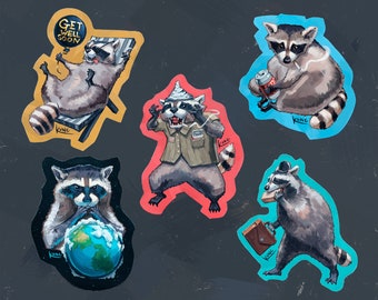 Racoon Sticker Set | Trash Panda Sticker Design, set of five racoon illustrations