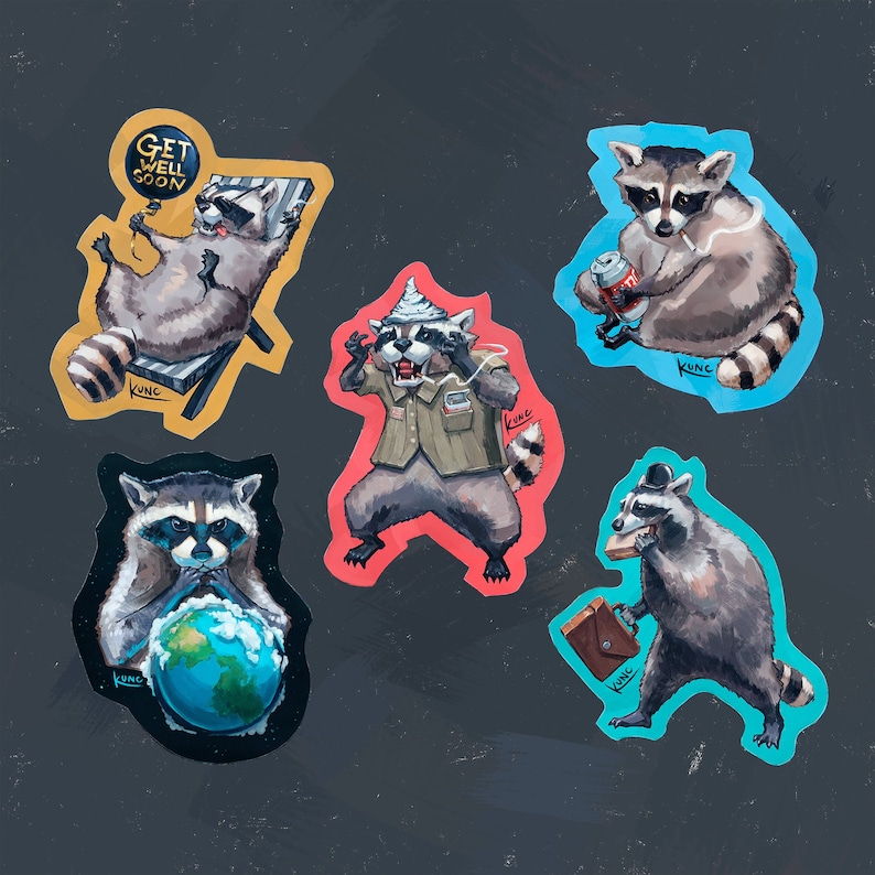 Racoon Sticker Set / Trash Panda Sticker Design, conjunto de cinco ilustraciones de mapache Full Racoon Set