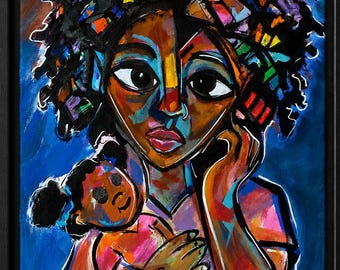 Abstrakte Mutter & Kind Portrait Original Acrylgemälde Kubistische Art 16x20