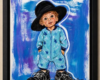 Igual que papá, retrato infantil original en acrílico, lienzo de 16x20 pulgadas para pared.