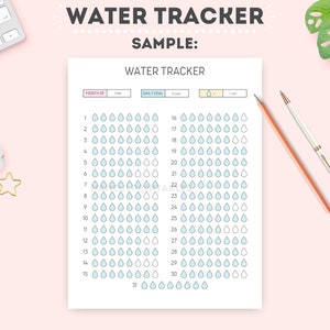 May include: A printable water tracker with a light blue background. The tracker has a section for the month, daily goal, and a grid of 31 days with water drops to color in.