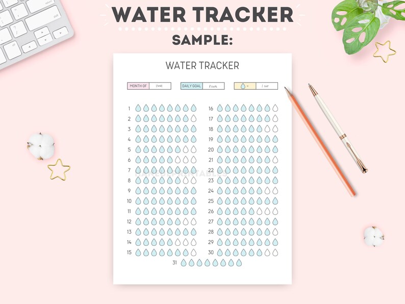 May include: A printable water tracker with a light blue background. The tracker has a section for the month, daily goal, and a grid of 31 days with water drops to color in.