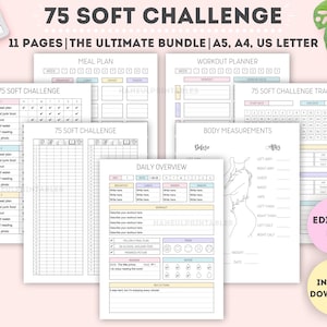 Paquete editable de 75 Soft Challenge Tracker/Desafío de 75 días imprimible/Diario de fitness/Desafío de pérdida de peso/A4/A5/Carta