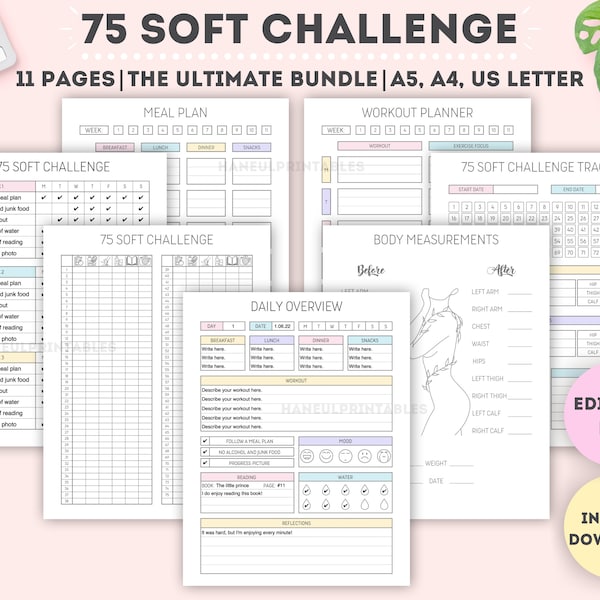 Editable 75 Soft Challenge Tracker Bundle|Printable 75 Day Challenge|Fitness Journal|Weight Loss Challenge|A4/A5/Letter