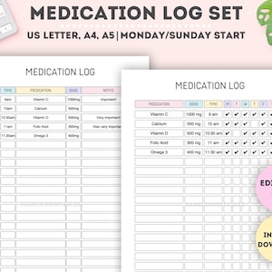 Conjunto de registro de medicamentos editable/Hoja de seguimiento de suplementos imprimible/Rastreador de medicamentos/Programa de medicamentos/Lista de medicamentos/A4/A5/Carta
