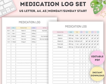 Editable Medication Log Set|Printable Supplement Tracking Sheet|Medication Tracker|Medication Schedule|Medication List|A4/A5/Letter