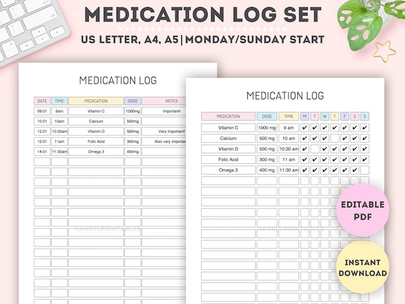 Editable Medication Log Set|Printable Supplement Tracking Sheet|Medication Tracker|Medication Schedule|Medication List|A4/A5/Letter