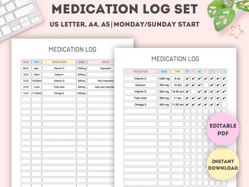 May include: Printable medication log set in US Letter, A4, and A5 sizes. The log includes a daily medication list with space for date, time, medication name, dosage, and notes. The second page is a weekly log with checkboxes for each day of the week.