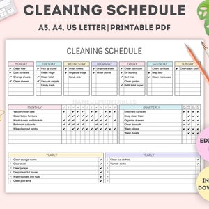 Editable Cleaning Schedule|Printable Cleaning Planner|Cleaning Checklist|Cleaning Schedule|House Chore List|Cleaning List|A4/A5/Letter