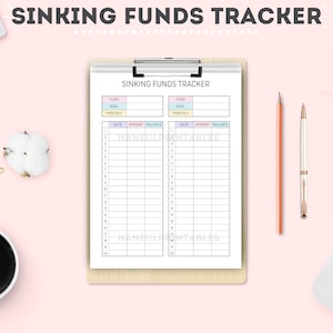 May include: A printable sinking funds tracker with two columns for tracking different funds. Each column has a section for the fund name, goal, monthly amount, date, amount, and balance. The tracker is on a clipboard with a white background.