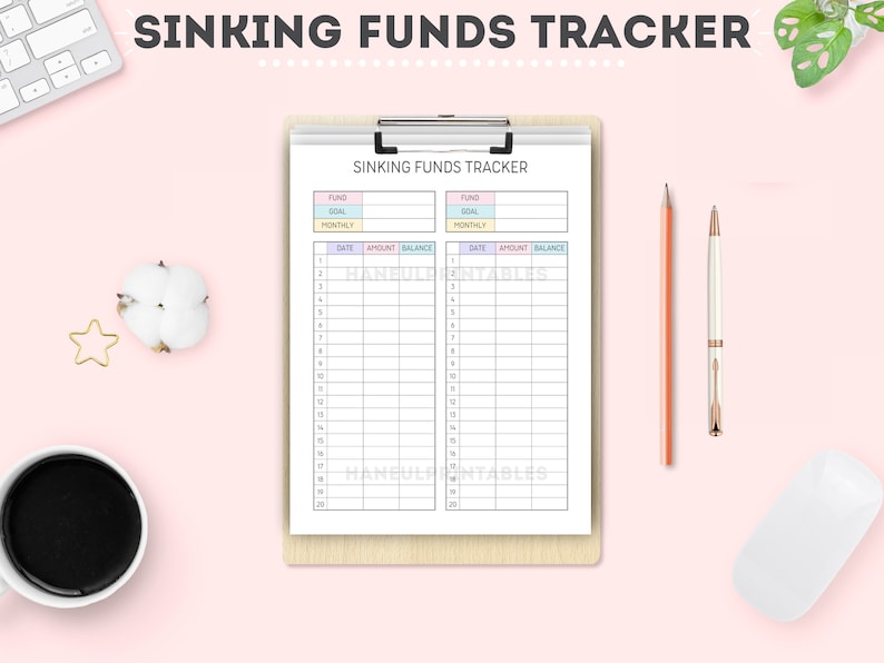 May include: A printable sinking funds tracker with two columns for tracking different funds. Each column has a section for the fund name, goal, monthly amount, date, amount, and balance. The tracker is on a clipboard with a white background.