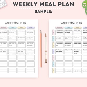 May include: A printable weekly meal planner with a sample meal plan filled in. The planner is divided into four columns: breakfast, lunch, dinner, and snacks. Each day of the week is represented by a row. The planner is designed to help people plan their meals for the week.