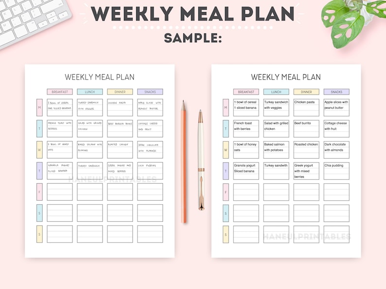 May include: A printable weekly meal planner with a sample meal plan filled in. The planner is divided into four columns: breakfast, lunch, dinner, and snacks. Each day of the week is represented by a row. The planner is designed to help people plan their meals for the week.
