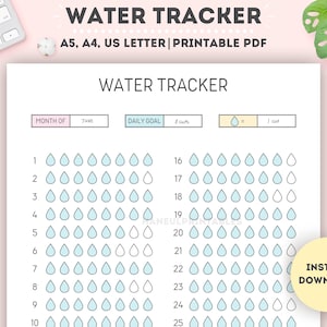 Printable Monthly Water Tracker|Monthly Water Intake Tracker|Hydration Tracker|31 Day Water Challenge|A4/A5/Letter
