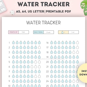 Afdrukbare maandelijkse watertracker|Maandelijkse wateropnametracker|Hydratatietracker|31 dagen wateruitdaging|A4/A5/Letter