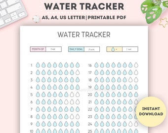 Printable Monthly Water Tracker|Monthly Water Intake Tracker|Hydration Tracker|31 Day Water Challenge|A4/A5/Letter