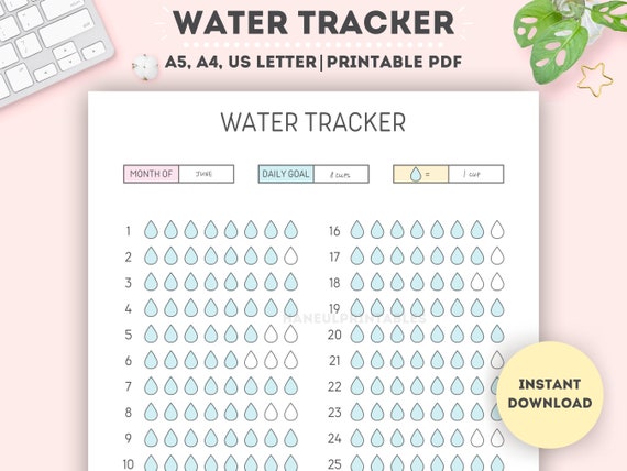 Printable Monthly Water Tracker: A4/A5/Letter (PDF)