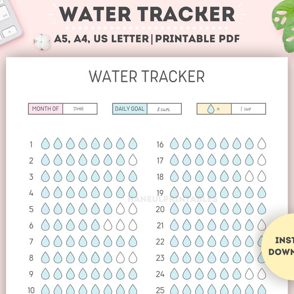 Printable Monthly Water Tracker|Monthly Water Intake Tracker|Hydration Tracker|31 Day Water Challenge|A4/A5/Letter