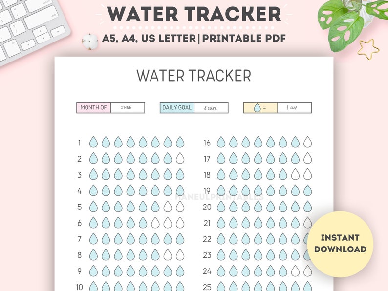 May include: Printable water tracker sheet with a light blue background. The sheet has a section for the month, daily goal, and a key that shows a water drop equals one cup. The sheet has a grid of water drops to track water intake for each day of the month.