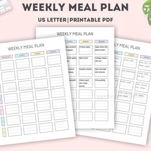 May include: Printable weekly meal planner template with sections for breakfast, lunch, dinner, and snacks. The template is divided into seven days of the week, with each day having a separate column for each meal category. The template is designed in a minimalist style with a light pink background and pastel colored borders.