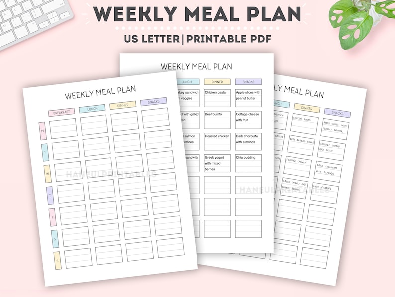 May include: Printable weekly meal planner template with sections for breakfast, lunch, dinner, and snacks. The template is divided into seven days of the week, with each day having a separate column for each meal category. The template is designed in a minimalist style with a light pink background and pastel colored borders.