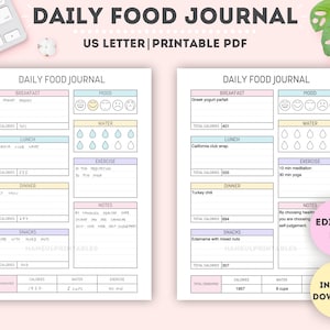 Editable Daily Food Journal|Printable Daily Food Journal|Daily Food Planner|Food Diary|Meal Journal|Meal Tracker|Calorie Tracker|US Letter