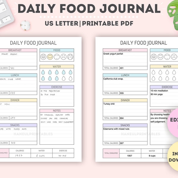 Editable Daily Food Journal|Printable Daily Food Journal|Daily Food Planner|Food Diary|Meal Journal|Meal Tracker|Calorie Tracker|US Letter