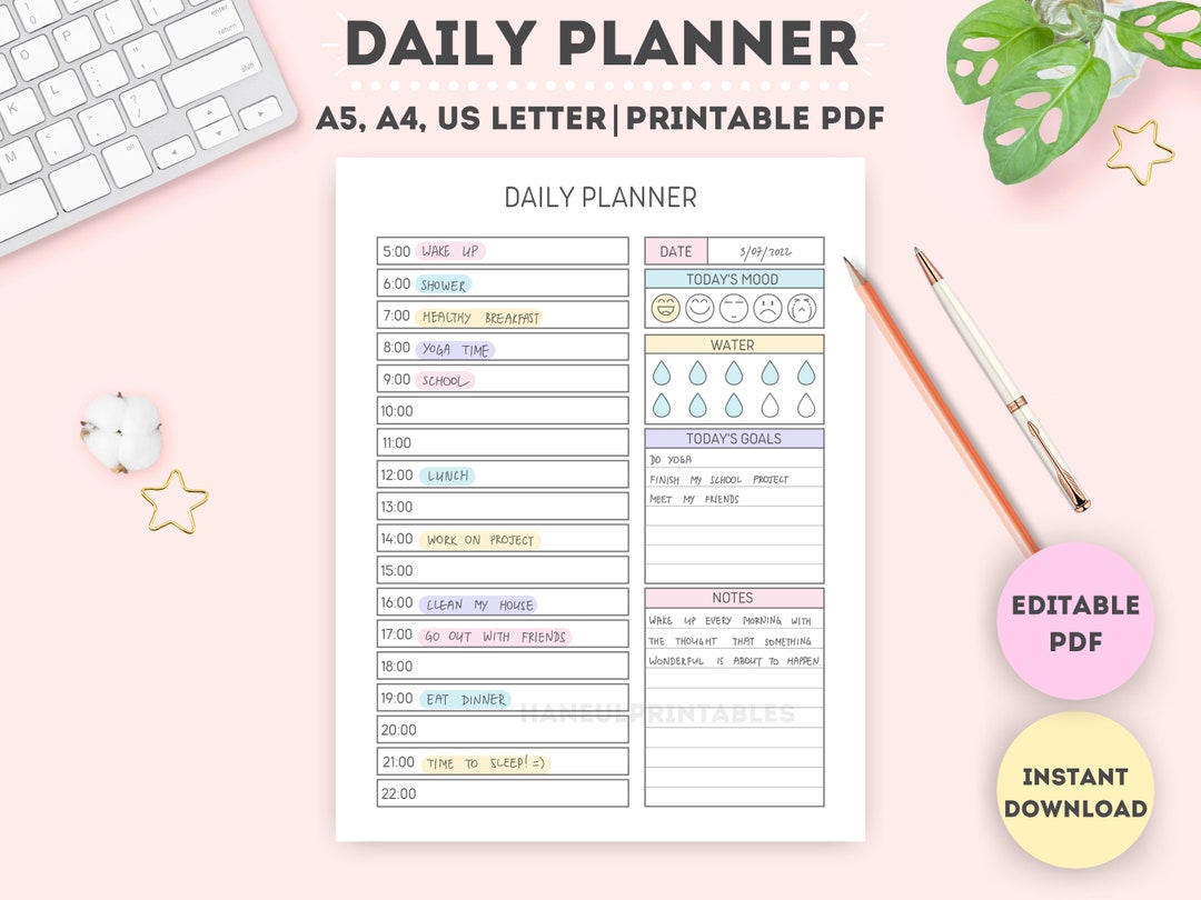 Editable Daily Planner, Printable|fillable Daily Planner|day Planner ...