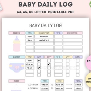 Editable Baby Daily Log|Printable Infant Daily Log|Baby Care Tracker|Baby Care JournalNewborn Baby Tracker|Baby Life Organizer|A4/A5/Letter