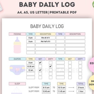 Registro giornaliero del bambino modificabile/Registro giornaliero infantile stampabile/Tracciatore per la cura del bambino/Diario per la cura del bambinoTracciatore del neonato/Organizzatore della vita del bambino/A4/A5/Lettera